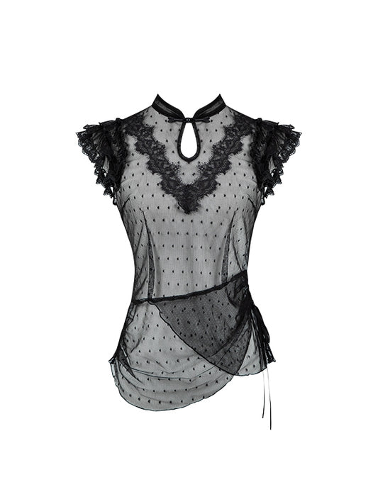 袖チュールブラックトップドットフラッターカラーチーパオシアー