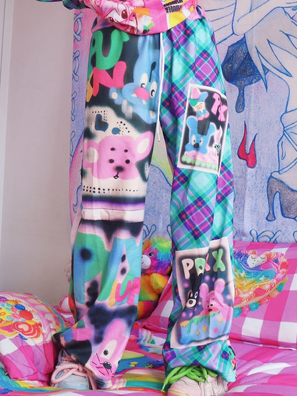 Hosen und Schlaghose Buchstaben Cartoon Muster Silhouette Y2K bunt kariert Print