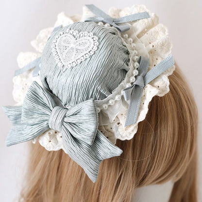 Cute Light Green Mint Beads Doll-Style Lace Pink-Purple Blue Bowknot With Mini Lolita Hat /