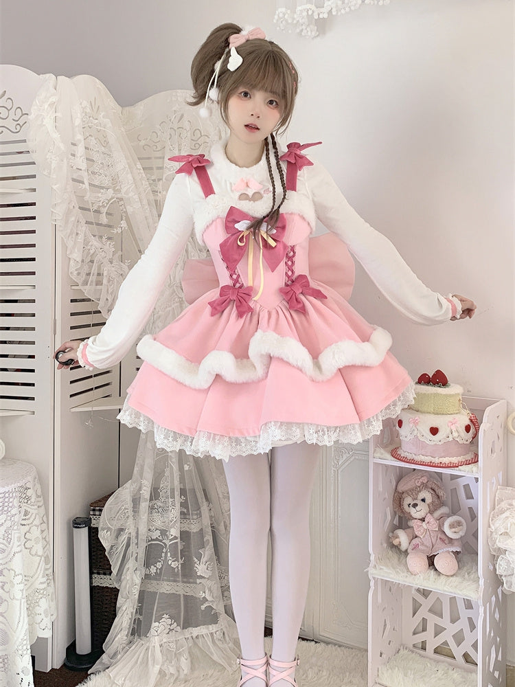 Bowknot Details Lace-up Basque Waist Pink Lolita Jumper Skirt Sweet Dress