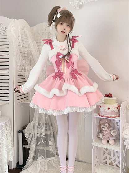 Bowknot Details Lace-up Basque Waist Pink Lolita Jumper Skirt Sweet Dress