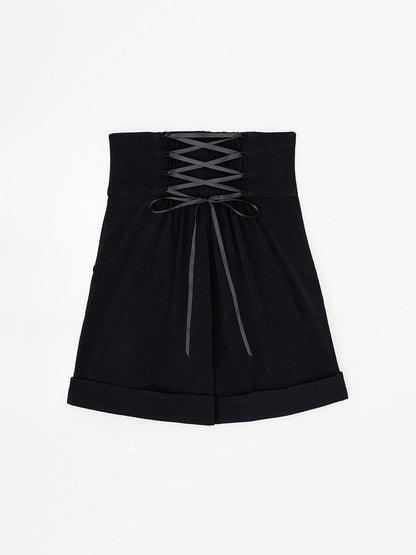 Black High-Waist Straight-Leg Shorts with Silver Chains and Buttons - DevilInspired Exclusive Collection