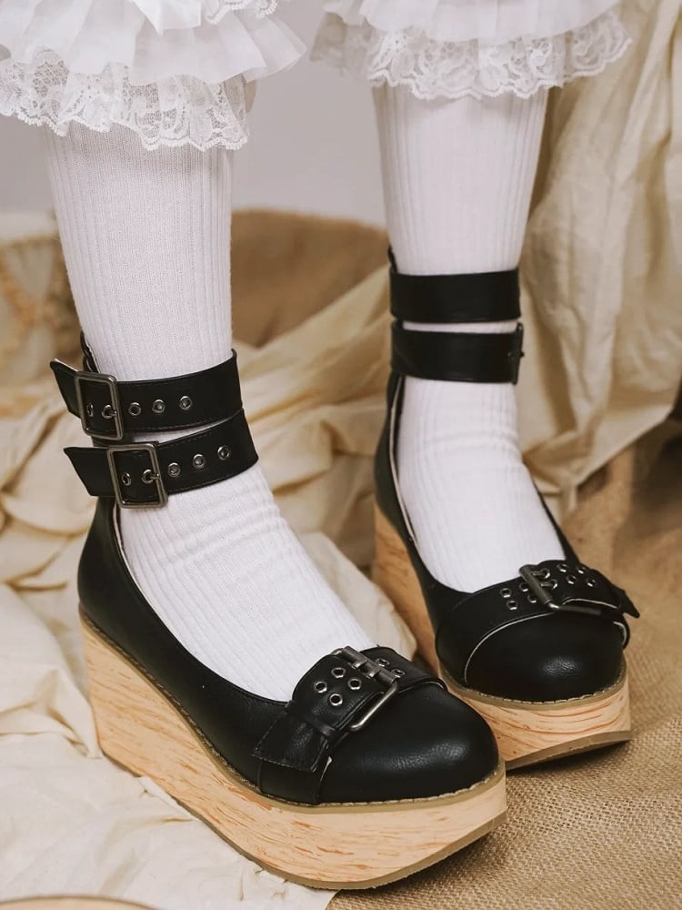 Janes in with Black Decor Buckles Closure Platform Ankle - Mary Layered PU