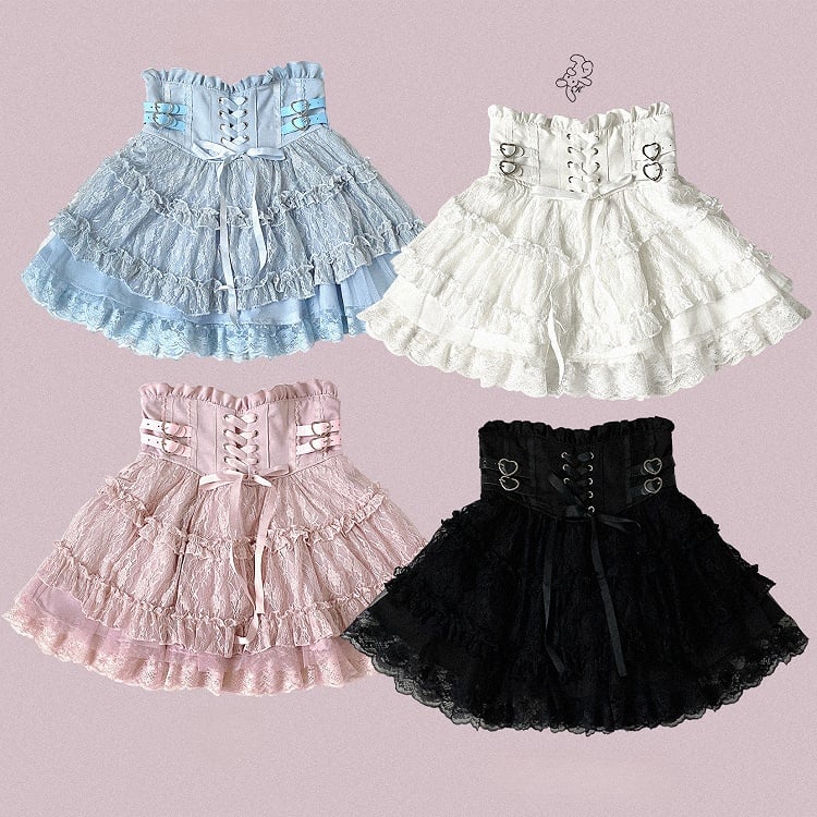 Jirai Kei Blue Heart Buckles Lace-up Detail Landmine Style High Waist Lace Tiered Skirt