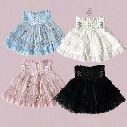 Jirai Kei Blue Heart Buckles Lace-up Detail Landmine Style High Waist Lace Tiered Skirt