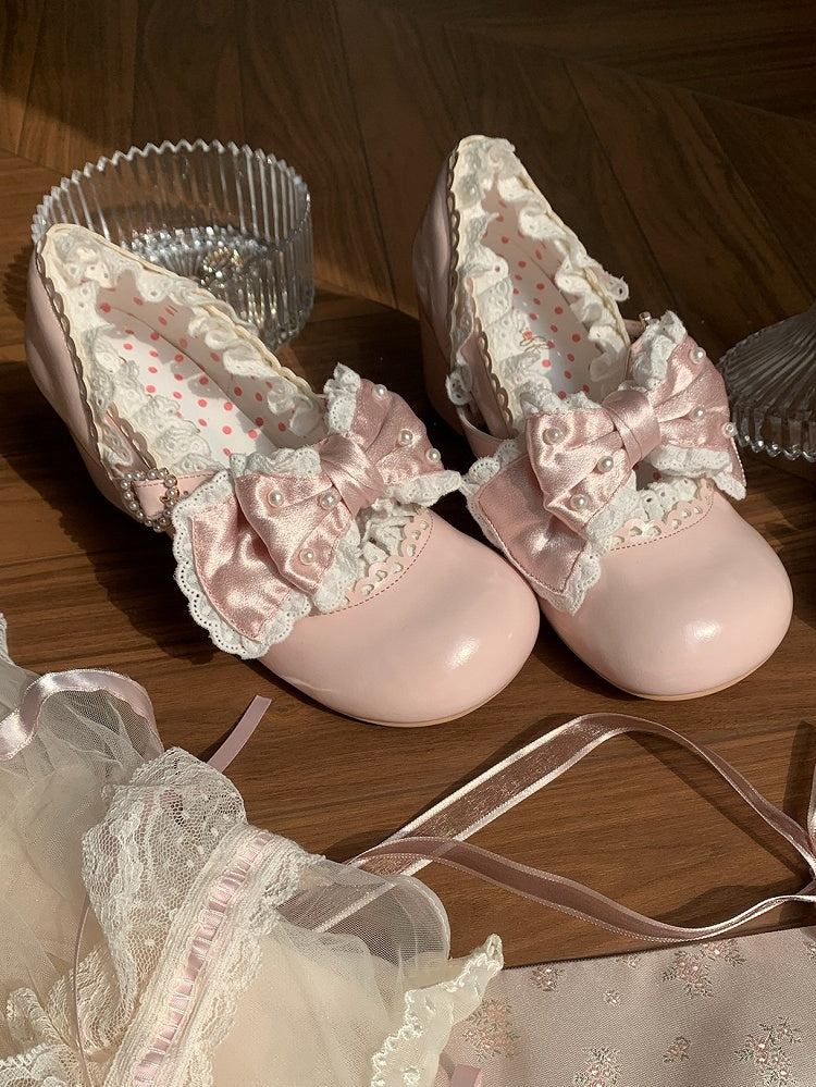 - Hem Lolita Pink Trim Lace Mid-heel Scalloped Shoes Sweet