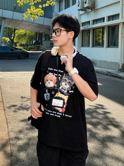 ホワイト/ブラック/ダークブルー ラウンドネック 子犬と子猫プリント ルーズTシャツ