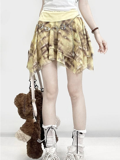 ハンカチ イエロー ウェイストランド スカート チェック柄 裾 グラマラス パンク バタフライ パターン プリント