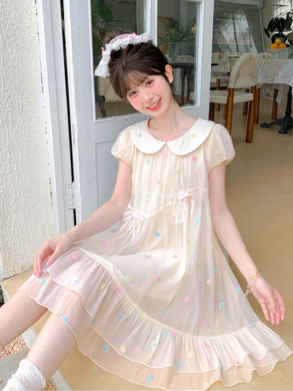 Muster Bunte Polka-dot Weiß Peter Pan Kragen Puffärmel Chiffon Kleid