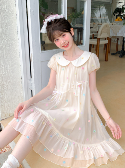 Muster Bunte Polka-dot Weiß Peter Pan Kragen Puffärmel Chiffon Kleid