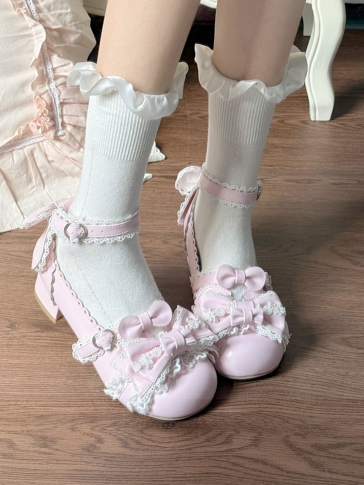 Hem Bow Scalloped Accents Shoes with Low-heel Lolita Pink Sweet