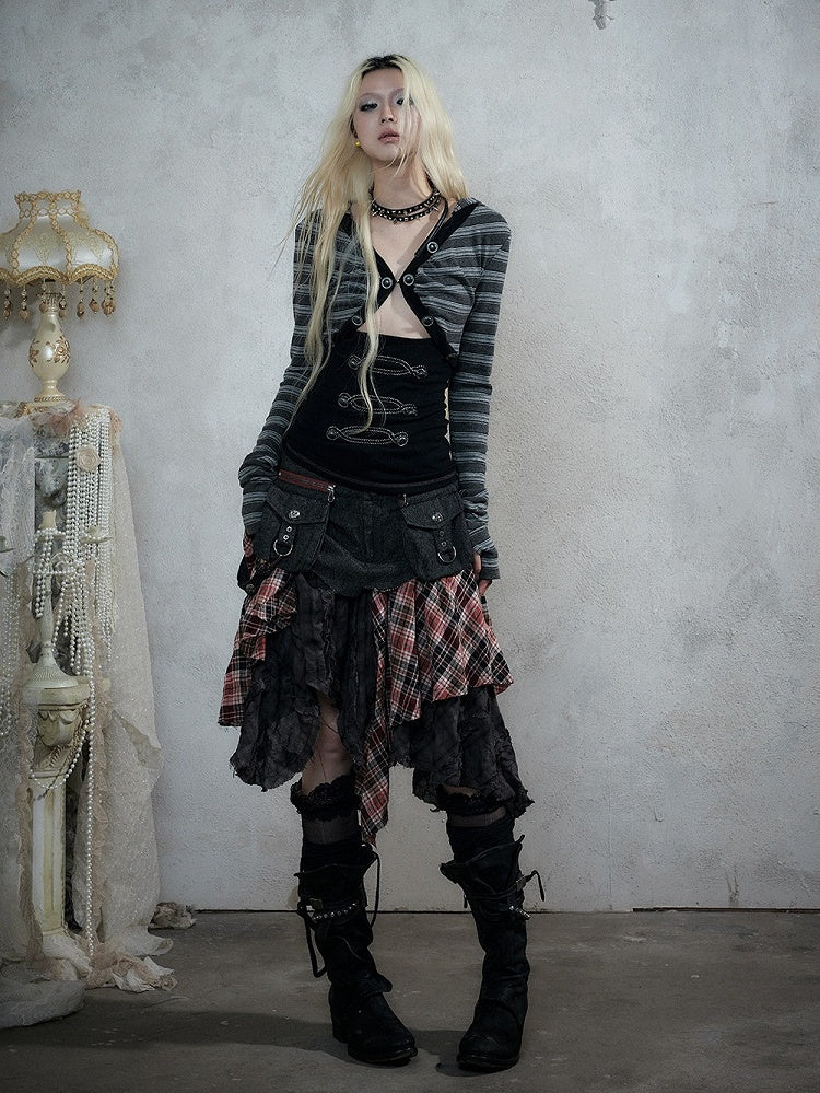 Black Striped V-Neck Hooded Knit Top with Long Sleeves & Faux Two-Piece Punk Style - NO ROMANCE