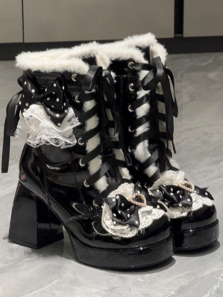 8CM High Heel Winter Boots in Black Plush with Heart Detail & Polka-Dot Bow - Witch's Night