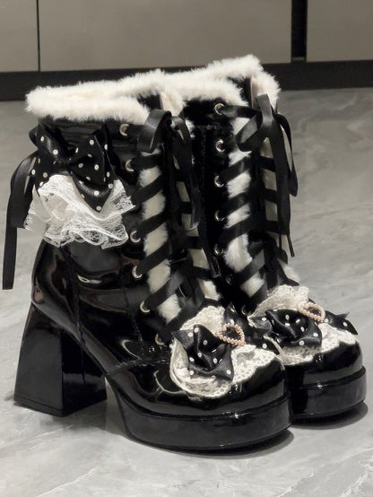 8CM High Heel Winter Boots in Black Plush with Heart Detail & Polka-Dot Bow - Witch's Night