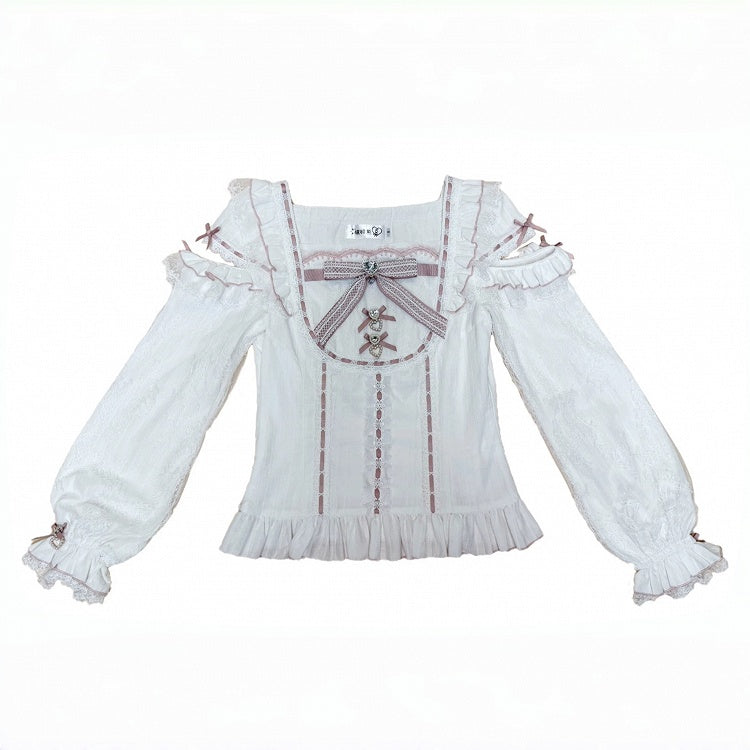 Ryousangata Pink Square-Neck Cutout Shoulder Cotton Long Sleeve Blouse with Lace & Rhinestone Bow - Broken Bear