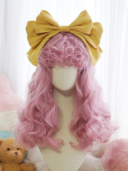 Blond/Weiß/Braun/Rosa/Hellblonde lange gewellte Perücke mit lockigem Pony