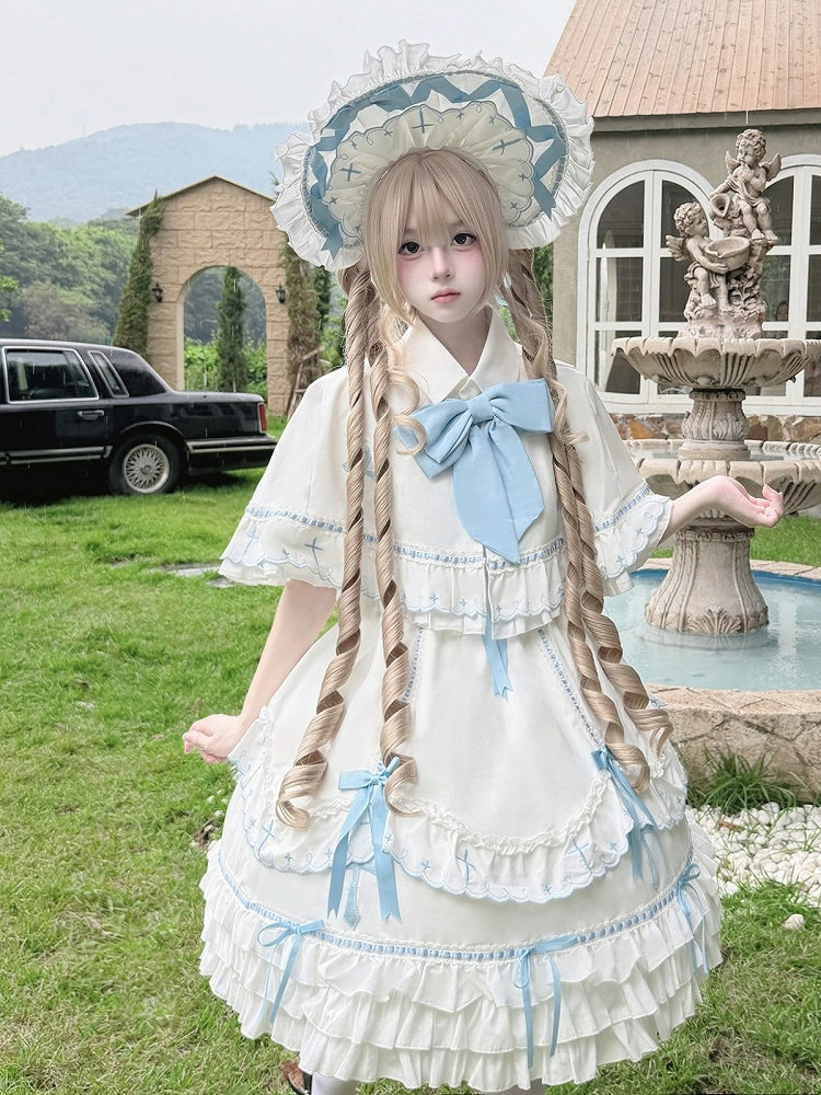 Short Sleeve Sweet Lolita OP with Bow Accent & Ruffle Details in Blue & White - MUYU