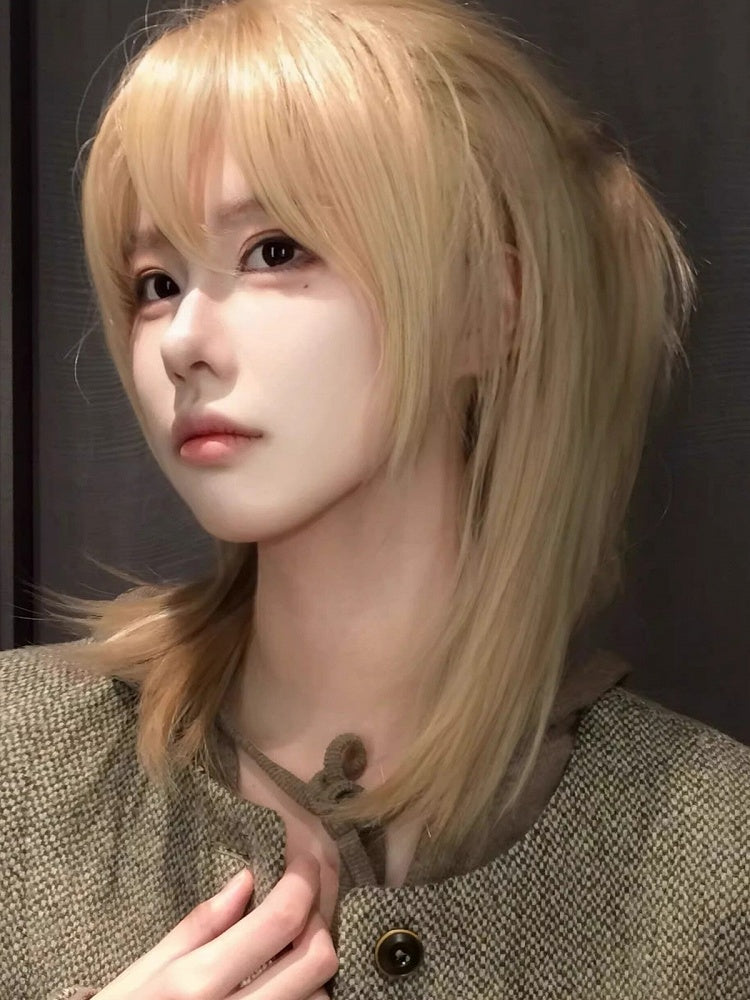 Blonde/Black 45cm Long Straight Wig with Curtain Bangs - Hui Ran