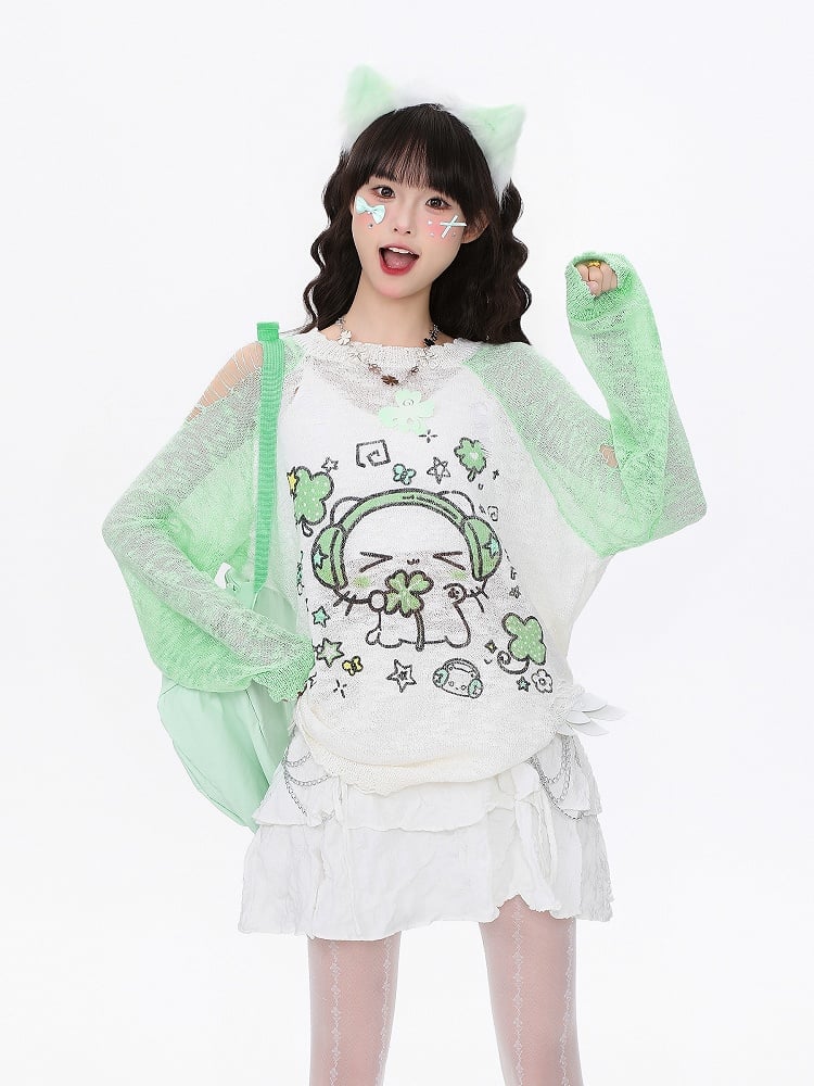 Knit Print with Distressed Semi-Sheer Kawaii Top Green Cat Holes and