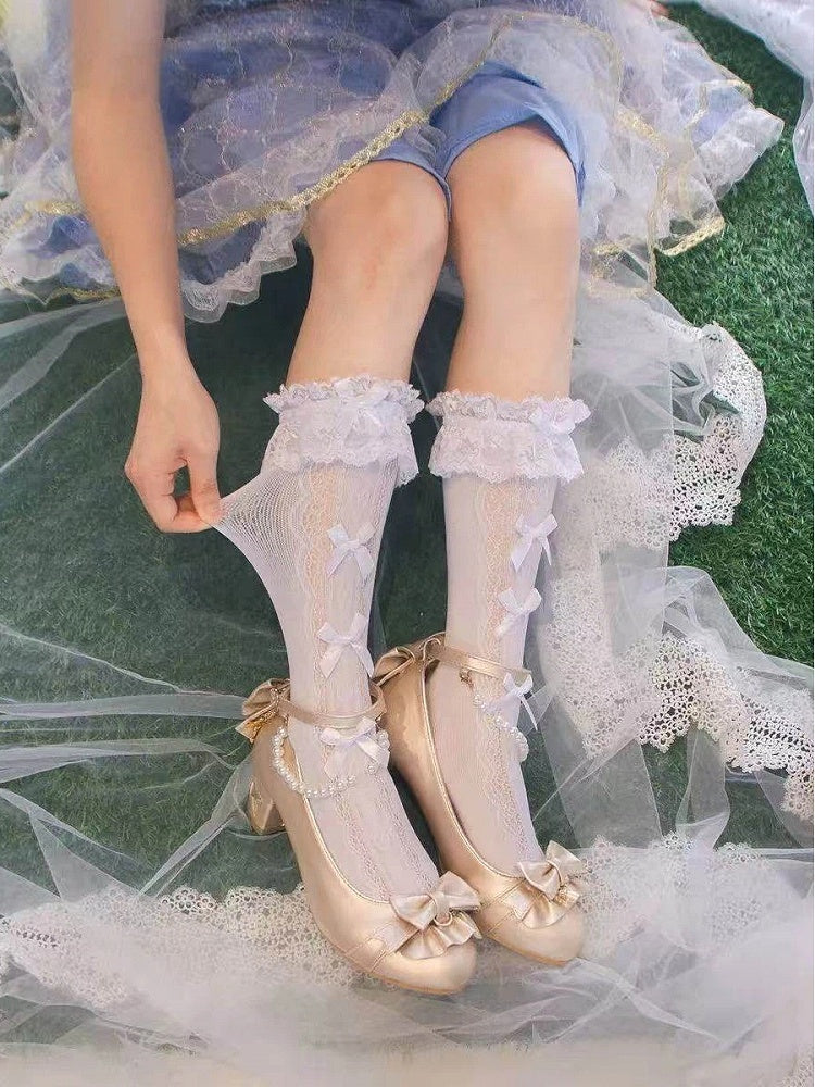 Style Lace Socks Calf Lolita White) Bow Mini (Color: