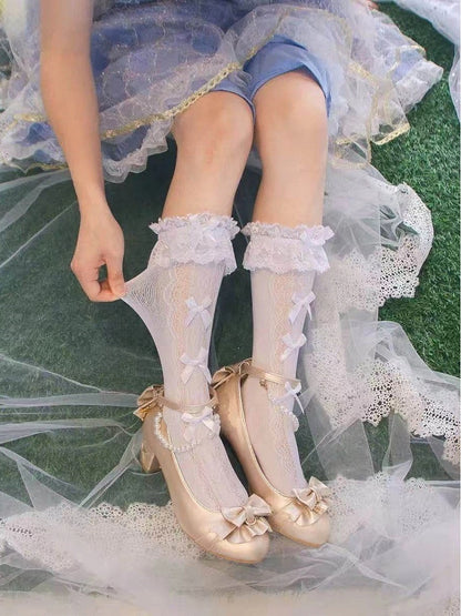 Style Lace Socks Calf Lolita White) Bow Mini (Color:
