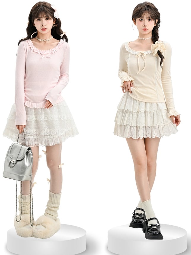 Aprikosenfarbenes, langärmliges Oberteil mit Spitzenbesatz und Schleifendetails