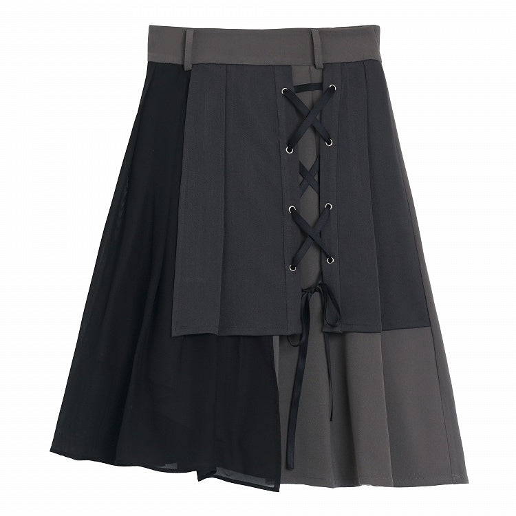 Black and Gray Lace-Up Knee-Length Skirt