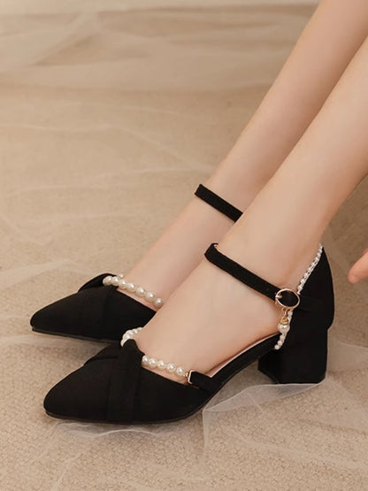 Decor Chain Shoes Intricate Qi Pointed with Toe Black - Heel Mid Beaded Sandals Lolita Detachable Back Suede