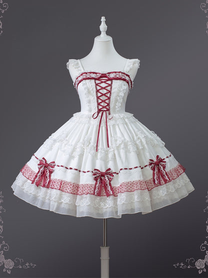 Weiß und Weinrot Schnürung Schleife Akzente Spitzenbesatz Süßes Prinzessinnenkleid Lolita Pulloverrock