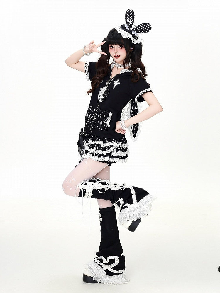 Black Bunny Ear Hooded Short Sleeve Top with Lace Print - CRAZY GIRL