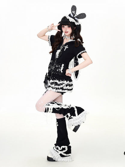 Black Bunny Ear Hooded Short Sleeve Top with Lace Print - CRAZY GIRL