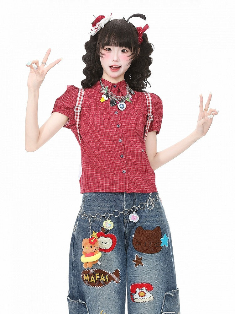 Daily Kawaii Red Plaid Puff Sleeve Polo Collar Shirt - Languid Park