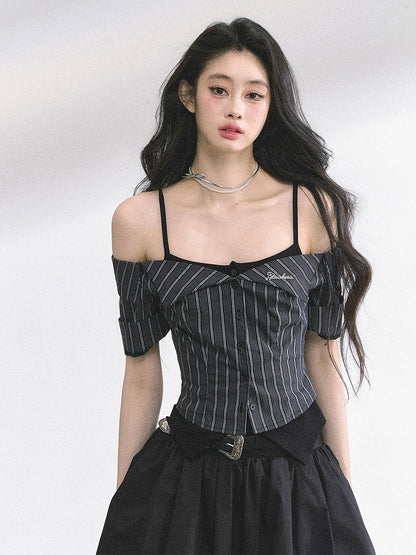 ツーピース オフショルダー ネックライン ブラック＆グレー ストライプ トップス フェイク