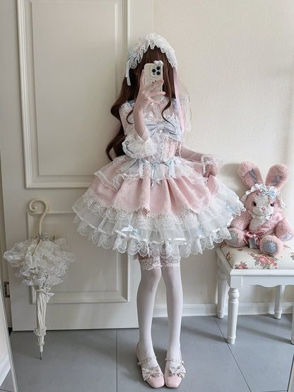 JSK Train / Details Lolita Embossed Dress Pink Only Bow Lace Jacquard Ruffled Princess + with Cute