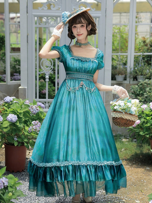 Ruffle Teal Lolita Dress with Chain, Choker & Hat Set - Classic - With PUJI