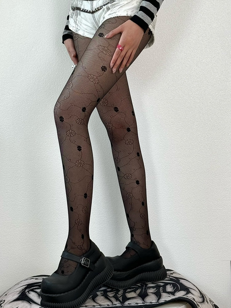 Floral Pattern Green/Black/White Tights