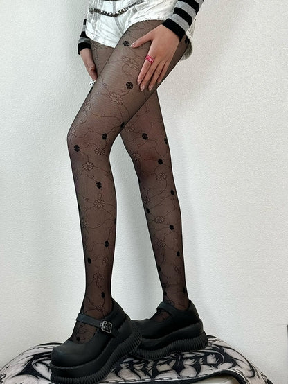 Floral Pattern Green/Black/White Tights