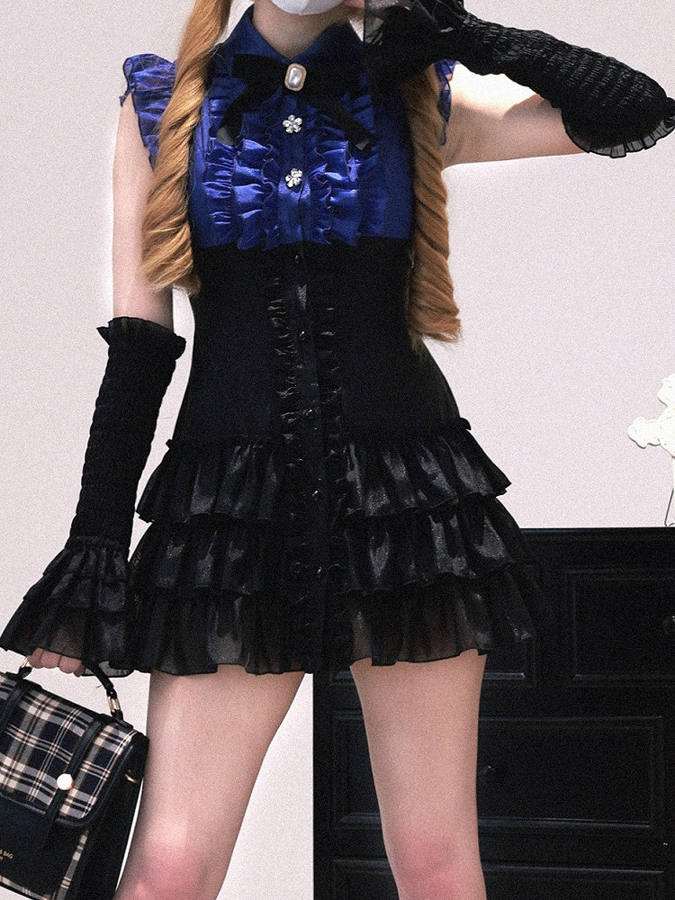 Faux Tiered Placket with Two-Piece Sleeves Ruffle Kei Arm Black and : Jirai Flutter Blue Dress