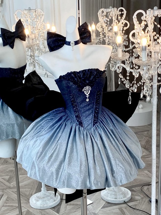 Strapless Dress Gradient Blue Shimmering Birthday Starry Night