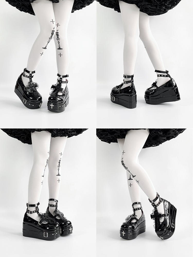 Polished Black Gothic Lolita Lace Trim Cross Platform Shoes