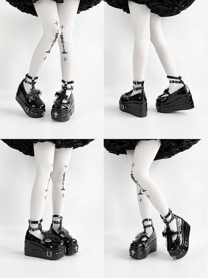 Polished Black Gothic Lolita Lace Trim Cross Platform Shoes