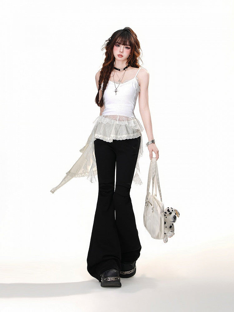 Black Elastic Waist Patchwork Design Hem Flared Pants Asymmetrical