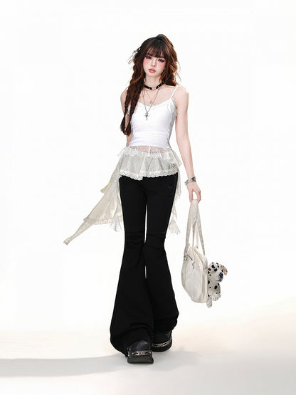 Black Elastic Waist Patchwork Design Hem Flared Pants Asymmetrical