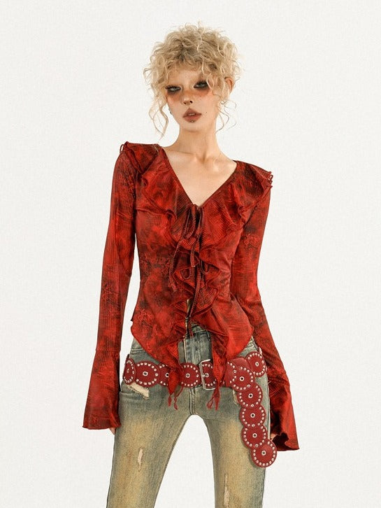 Ruffled Bell Sleeve Red Floral Pattern V-Neck Top