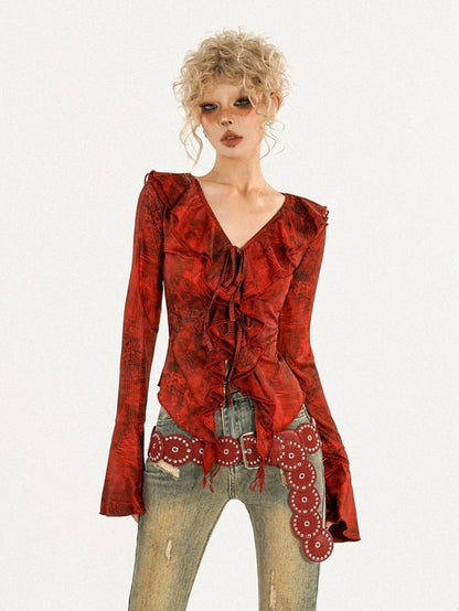 Ruffled Bell Sleeve Red Floral Pattern V-Neck Top