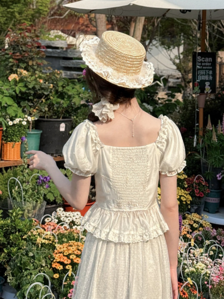 Beige Square Ruffled Blouse Trim Neckline Puff Sleeves Lily Embroidery Lace
