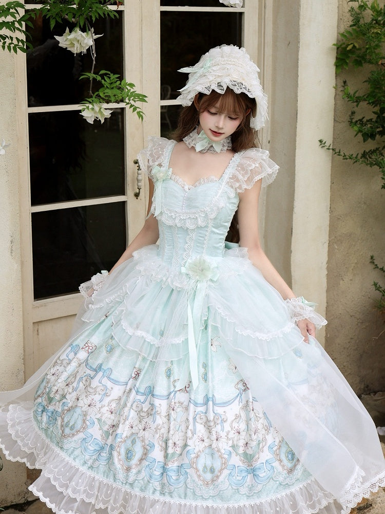 Mint Green Lolita JSK Gown with Lily Print and Tulle Overlay - White Sugar Girl