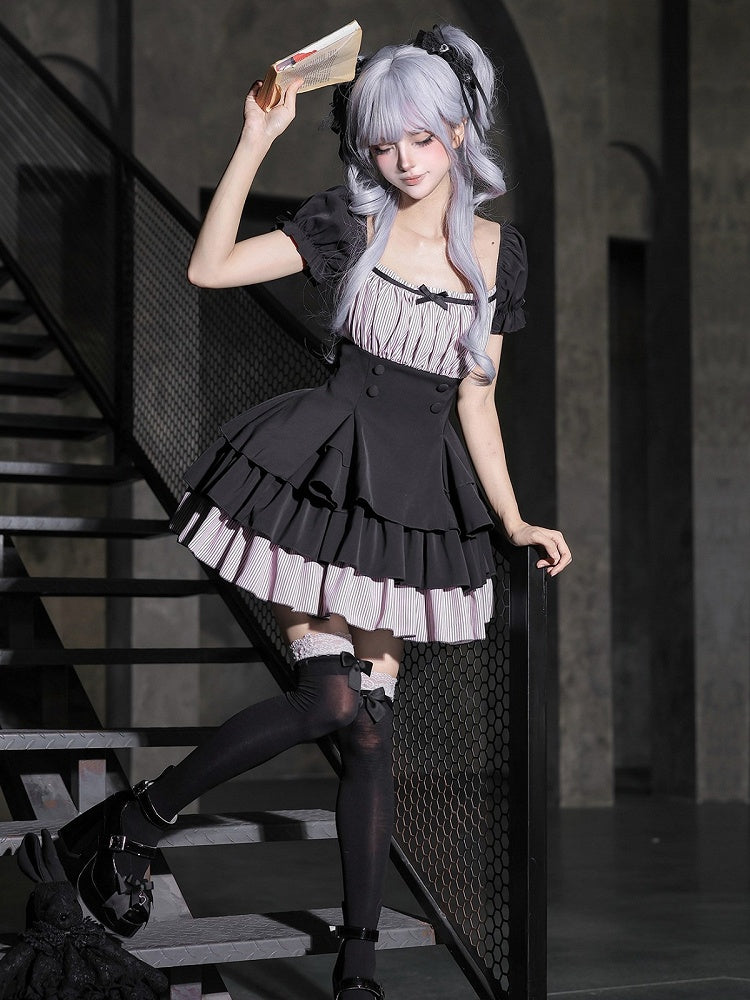 Black & Pink Square Neck Dress with Bow Brooch and Hair Clip - With PUJI
