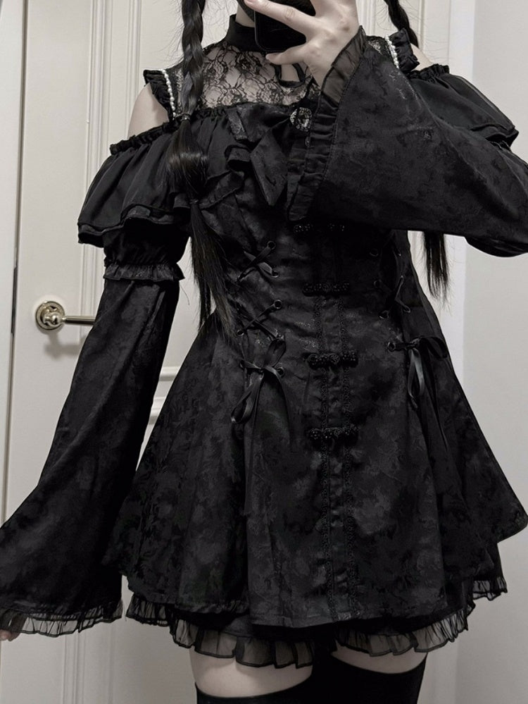 チャイナドレス + イリュージョンジライネックラインミニドレス ボウタイケイショーツセット - ブラックスタイル + ベルスリーブ