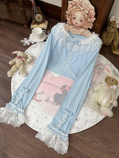 Long-Sleeve Lolita Top in 8 Colors with Lace Trim - Star Fantasy